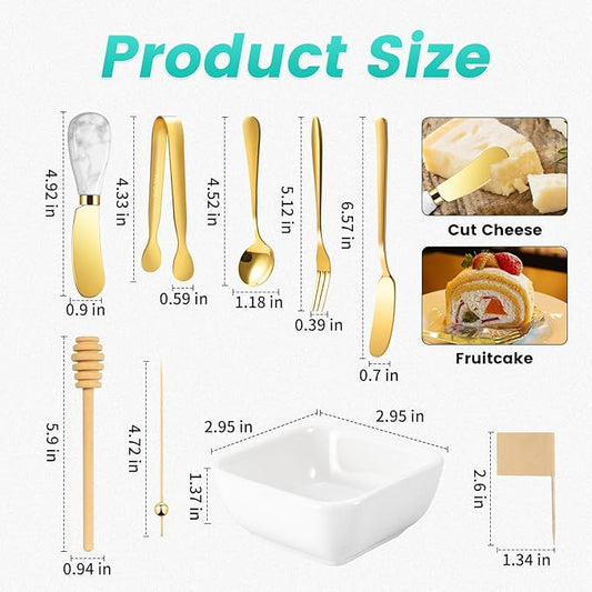 Charcuterie Board Accessories With 3 Oz Ceramic Dip Bowls, Ceramics Handle Gold Cheese Spreader Butter Knive Set Kit, Mini Tongs, Spoons, Forks,Honey Dipper, Cocktail Picks