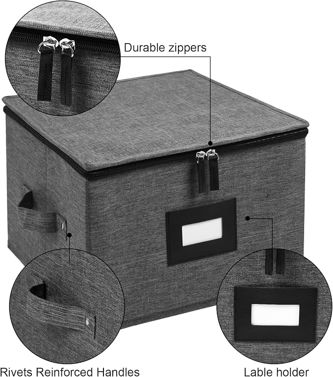China Storage Containers Hard Shell, 12" Plates Storage Box for Dishes | Stackable Dinnerware Storage Containers with 24 Felt Dividers (2 Pack Black)