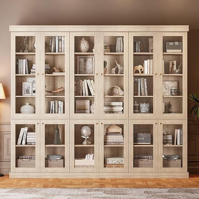70.8" Bookshelf with Glass Doors, Farmhouse Modular Bookcase with 6-Tier Adjustable Shelves, Large Storage Cabinet for Living Room & Home Office, Set of 3, Brown