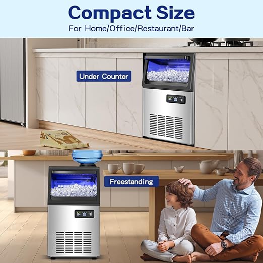 Amzgachfktch Commercial Ice Maker, 110lbs/24H Under Counter Ice Maker with 2 Water Inlet, Ice Maker Machine with 22lbs Storage, Auto Self-Cleaning, Freestanding Ice Machine for Bar Home Office