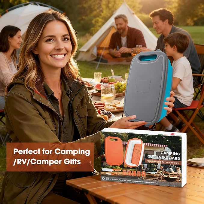 Gintan Collapsible Camping Cutting Board, 9-in-1 Chopping Board with Colander, Kitchen Vegetable Washing Basket for Camping, Camping Gifts Camping Accessories for RV Campers (Blue+Grey)