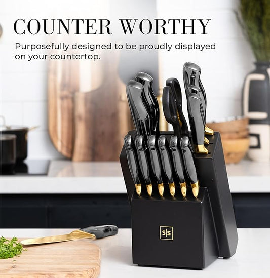 Black and Gold Knife Set with Block and Sharpener – 14-Piece Full Tang Golden Knives with Self-Sharpening Knife Block – Gold Kitchen Accessories for Cooking and Prepping; Ideal for Gifting