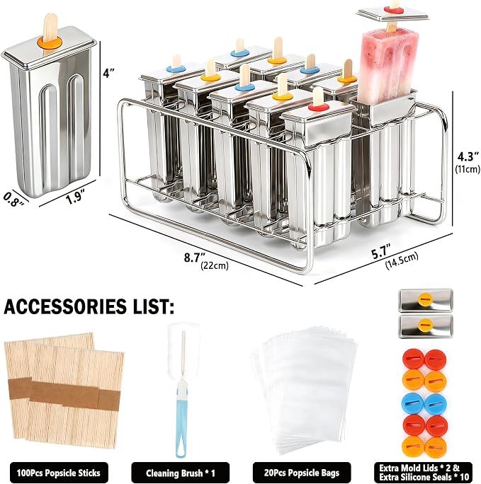 Popsicle Molds Set 10 Pieces Stainless Steel Popsicle Maker, Homemade Popsicle Molds with 100 Sticks, 20 Bags, 22 Silicone Seals, 1 Cleaning Brush & 1 Stand, Ice Pop Mold Maker for Kids (Square)