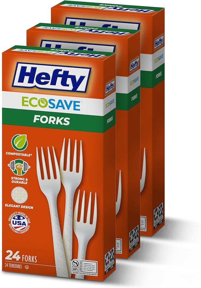 Hefty ECOSAVE Compostable Forks, 3 Pack, Disposable Forks for BBQs, Tailgates, Camping, Parties, and More, Strong and Durable Construction, Sustainable Design, 24 Forks per Pack, 72 Forks Total