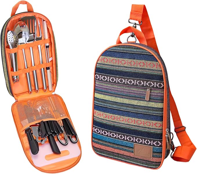 Portable Camping Kitchen Utensil Set-27 Piece Cookware Kit, Stainless Steel Outdoor Cooking and Grilling Utensil Organizer Travel Set Perfect for Travel, Picnics, RVs, Camping, BBQs, Parties and More