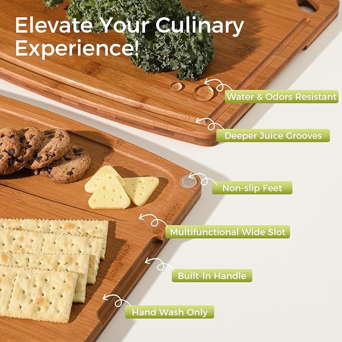 3-Piece Bamboo Cutting Boards for Kitchen with Wood Storage Stand | Reversible Charcuterie & Wooden Cutting Board Set with Juice Grooves and Easy-Grip Handles, Great Kitchen Gift