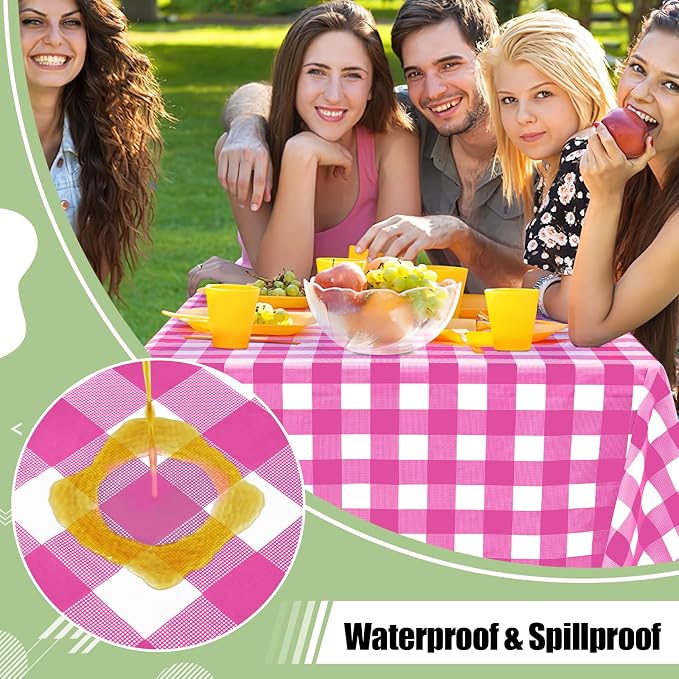 4 Packs Buffalo Disposable Table Cloth, 54 x 108 Inch Waterproof Plastic Tablecloth, Rectangle Hot Pink and White Checkered Table Covers for Picnic, Birthday, Party, Back to School