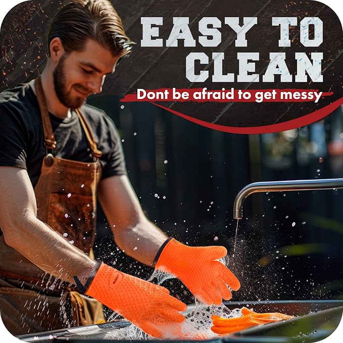KITCHEN PERFECTION Silicone Smoker BBQ Gloves - Heat Resistant Oven Mitts | Waterproof, 5-Finger Design For A Better Grip, for Pitmasters, Meat Smoking, Grilling, Cooking, Frying Turkey | Grill Gift