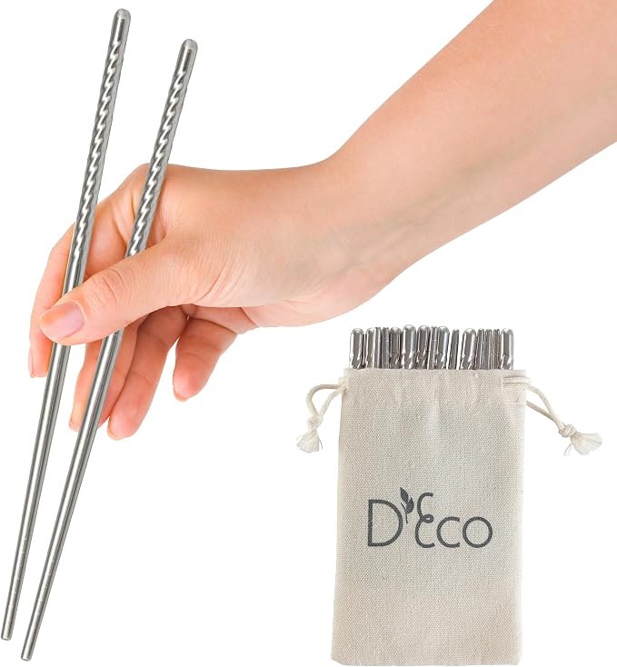 D'Eco Reusable Metal Chopsticks (4 Pairs)- Stainless Steel Twist Apart Silver Chopsticks & Travel Pouch- Lightweight, Durable, Dishwasher Safe- Great for Chinese Japanese Cuisine- On the Go Silverware
