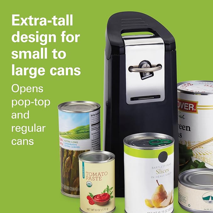 Hamilton Beach Smooth Touch Electric Can Opener With Easy Push Down Lever | Opens All Standard, Extra-Tall & Pop-Top Cans | Includes Bottle Opening Accessory | Built-In Knife Sharpener | Black | 76608