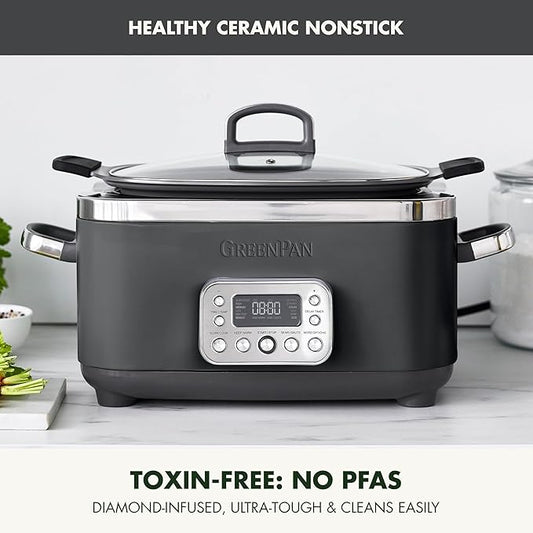 GreenPan Elite 8-in-1 Programmable 6QT Electric Slow Cooker, Dishwasher Safe Lid & Removable Crock, PFAS-Free Healthy Ceramic Nonstick Multi-Cooker, Sear,Sauté/Brown,Steam Basket,Roast, Graphite