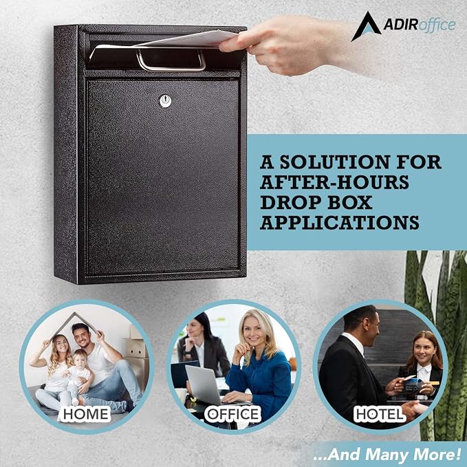 AdirOffice Wall Mount Mailbox - Mailbox with Lock and Keys- Durable Wall Mounted Locking Mailbox and Cash Drop Box for House, Apartments and Bussiness After Hours Deposits