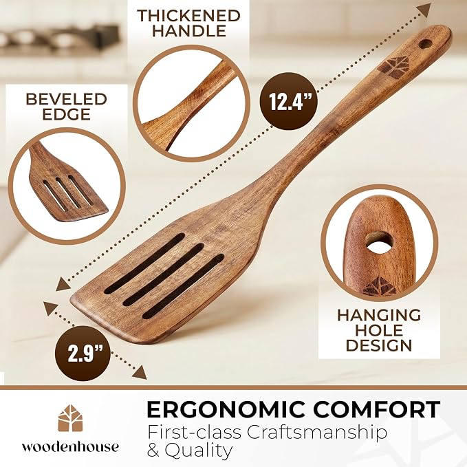 Wooden Spatula for Cooking, Teak Set of 6 for Non-Stick & Cast Iron | Includes Turner, Scraper, Slotted, Frying Tools, Jar Scraper & Spoonula – Scratch-Free, Easy to Clean