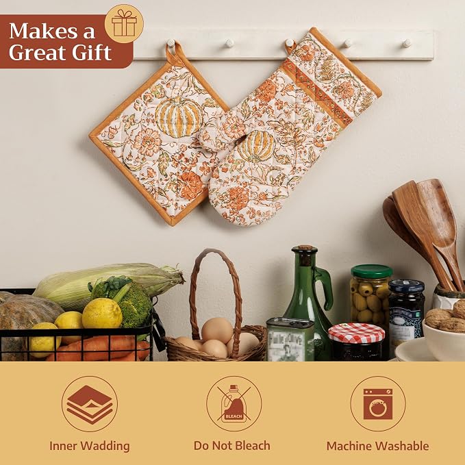 Maison d' Hermine 100% Cotton Oven Mitt & Pot Holder Set (7.5"x13" & 8"x8") | Heat Resistant BBQ Cooking Gloves with Loop Baking Grilling Kitchen Home Farmhouse Thanksgiving Christmas - Pumpkin Spice