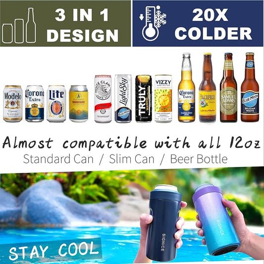 3 In 1 Insulated Universal Can Cooler - Signice Double Walled Vacuum Insulator Stainless Steel Slim Can Cooler for 12 Oz Skinny Tall Standard Regular Can Beer Bottle (Navy Blue)
