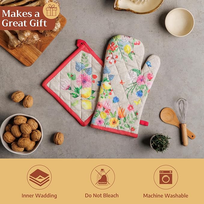 Maison d' Hermine 100% Cotton Oven Mitt & Pot Holder Set (7.5"x13" & 8"x8") | Heat Resistant BBQ Cooking Gloves with Loop Baking Grilling Kitchen Hotel Home Farmhouse Spring Summer - Jardin D'Ete - Fog