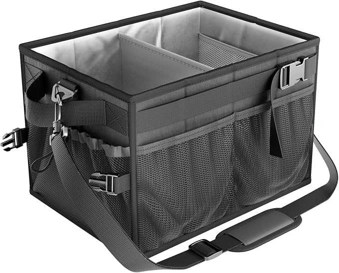 Grill Caddy, Foldable BBQ Caddy with Paper Towel Holder, Black | 11 Compartments, Easy-Clean Aluminum Interior, 1680D Oxford Fabric, Water-Resistant, Shoulder Strap Included, Tailgating