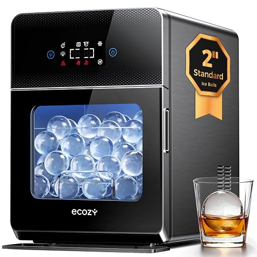 ecozy 2" Ice Ball Maker Countertop, Clear Sphere Ice Machine, 144 Pcs/Day | CrystalFlux Technology, 4 Pcs in 40 Mins, Enhanced Insulation, Auto Water Supply, Self-Cleaning
