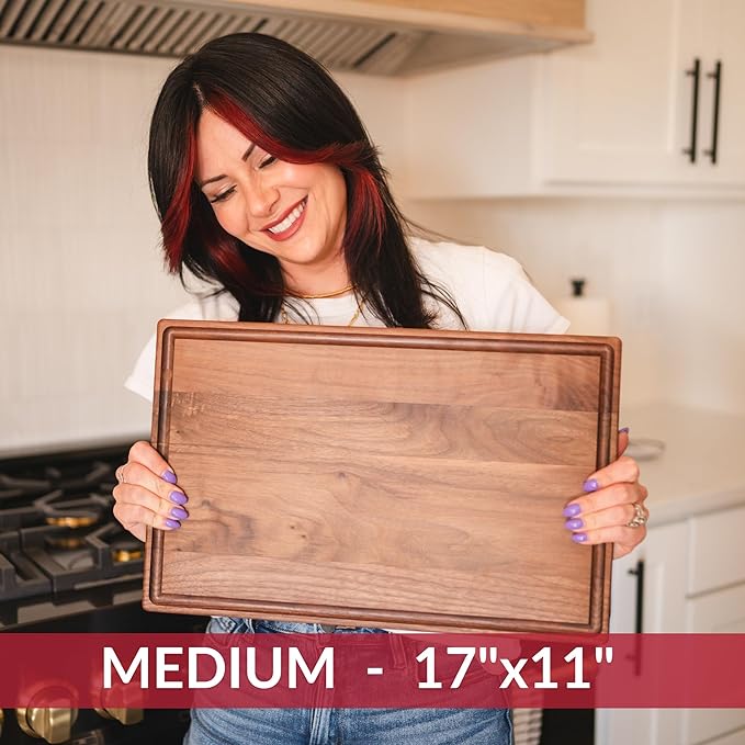 Made in USA Black Walnut Wood Cutting Board by Virginia Boys Kitchens - Butcher Block Wooden Carving Board with Juice Well made from Sustainable Hardwood (17x11)