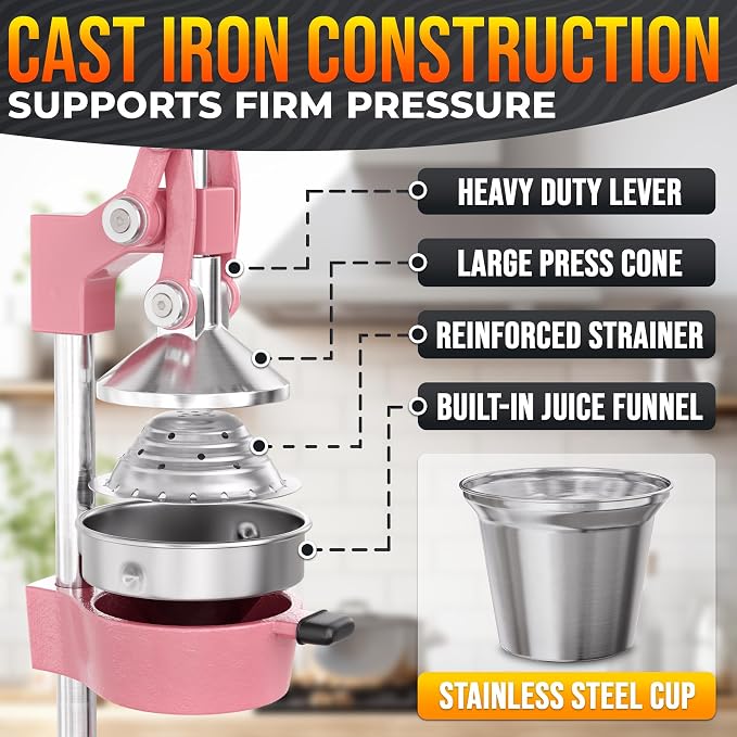 Cast Iron Juicer Hand Press, Heavy-Duty Squeezer, 304 Stainless Steel Bowl – One Pull Extracts Full Juice – Manual Citrus Press Juicer & Orange Squeezer for Lemon, Lime & Lemonade at Home Bar (Pink)