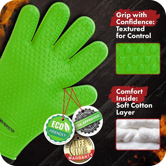 KITCHEN PERFECTION S Silicone Smoker BBQ Gloves - Heat Resistant Oven Mitts | Waterproof, 5-Finger Design For A Better Grip, for Pitmasters, Meat Smoking, Grilling, Cooking, Frying Turkey | Grill Gift