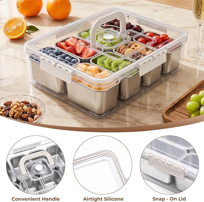 Homelove Snackle Box Container, Snack Container Divided Serving Tray with 8-Compartment Snack Platter, Lid and Handle, Food Organizer for Outdoor Travel Party Beach Picnic