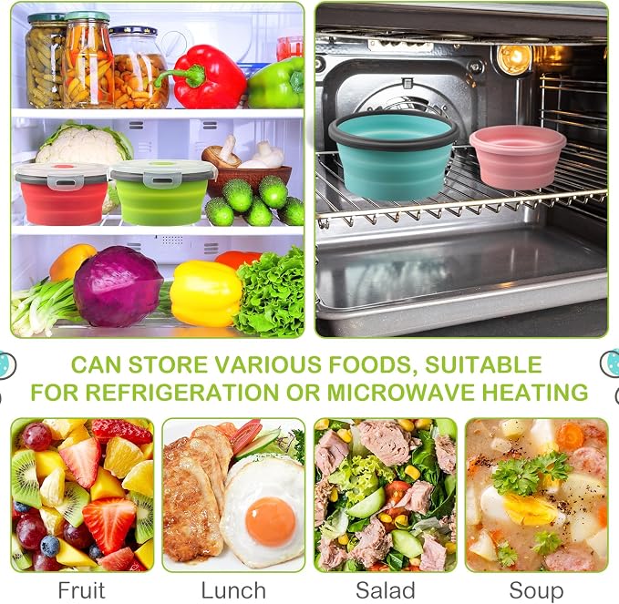 4 Pcs Collapsible Bowls with Lids Silicone Camping Food Storage Container Expandable Folding Salad Lunch Box Travel Container for Hiking Camping