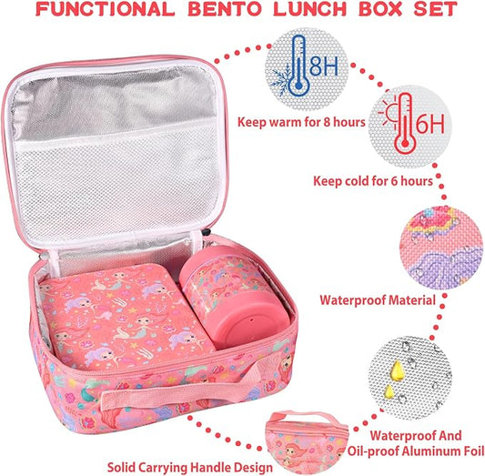 Bento Lunch Box Set for Kids with 10oz Soup Thermo, Leak-Proof Lunch Containers with 4 Compartment, Kids Thermo Hot Food Jar and Insulated Lunch Bag for Kid to School,BPA-Free(Mermaid)