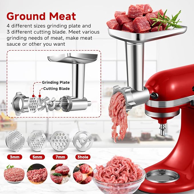 Meat Grinder Attachment for Kitchen Aid Stand Mixer, Food Attachment Included 4 Grinding Plates, 3 Sausage Stuffer Tubes & Holder, 2 Grinding Blades, Burger Press, Dishwasher Safe, Stainless Steel