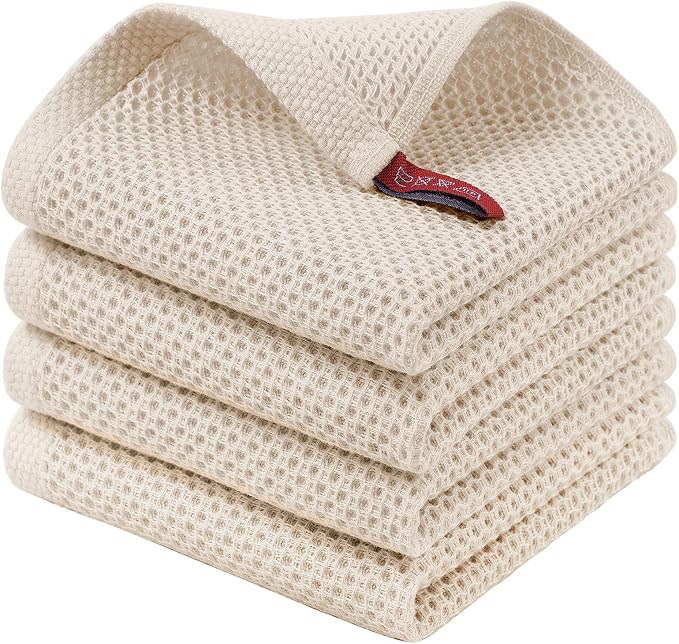Homaxy 100% Cotton Waffle Weave Kitchen Dish Cloths, 4-Pack, Beige | 12 x 12 Inches, Ultra Soft Absorbent Dish Towels, Quick Drying Dish Rags with Hanging Loop