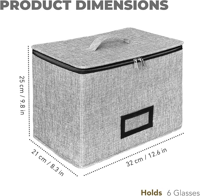 HURZMORO Stemware Storage Cases, Wine Glass Storage Box Containers for Glassware or Crystal, Holds 6 Red or White Glasses, Hard Top and Sides (Grey, Mug and Wine Glass Storage Box, 6 Compartments)