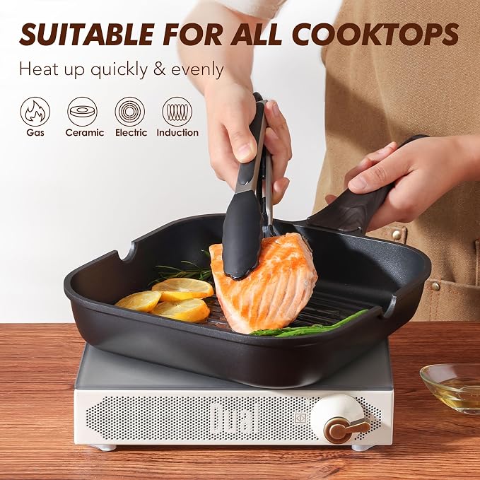 SENSARTE Nonstick Grill Pan with Lid, Grill Pan for Stove Tops, Versatile Griddle with Pour Spouts, Square Big Cooking Surface, Durable Skillet Indoor & Outdoor Grilling. PFOA Free, 9.5 Inch