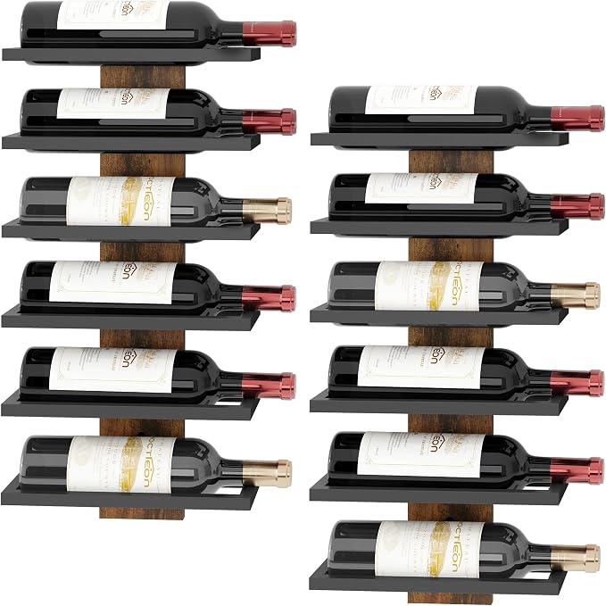 Hoctieon 2-Set 6 Tier Wall Mount Wine Rack, Wall Mounted Wine Bottle Racks for Display and Storage, Hanging Bottle Holder, for Living Room, Dining Room, Bar, Wine Cellar, Rustic Brown