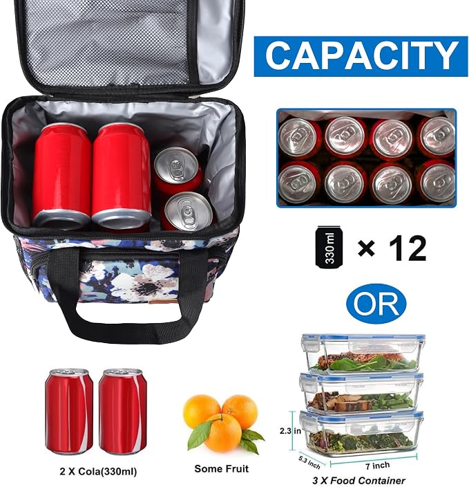 Lunch Bags for Women/Men, Insulated Lunch Bag for Work Office - Lunch Cooler Bag Leakproof Lunch Box with Adjustable Shoulder Strap - Ink foral