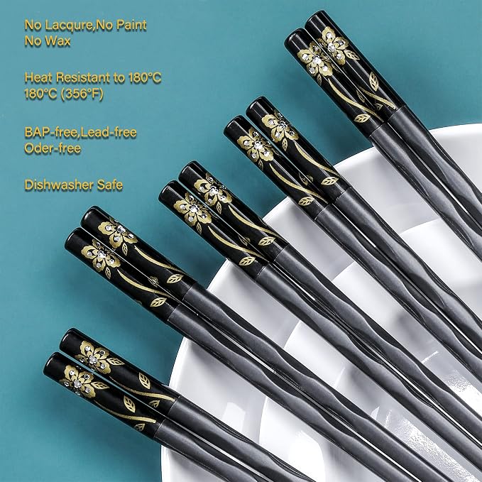 Fiberglass Chopsticks Series - Japanese Non-Slip Chopstick, Reusable Chop Sticks Dishwasher Safe, 5 Pairs, Gift Set, 9.9 Inches, Black
