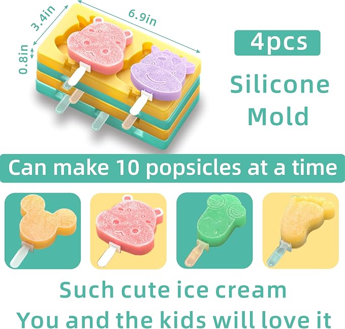 Kids Cartoon Popsicle Molds - 4 Pack, 10-Cavity Food-Grade Silicone Ice Pop Cream Molds, with Reusable Sticks, Non-Stick Flat Design, Easy Release, Stackable for Space Saving