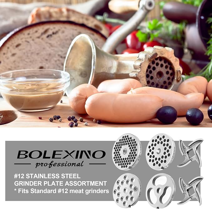 #12 Stainless Steel Grinder Plates Set with 2 Knives | 4 plates & 2 knives set,4 plates & 2 knives set,Fits standard #12 grinders,Grinds meat & makes sausages,Easy to wash & store.