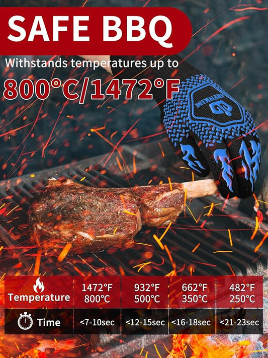 BBQ Oven Gloves, 1472℉ 3-Layers Heat Resistant Oven Mitts Silicone Non-Slip Cooking Gloves for Barbecue, Grilling, Baking, Welding, Smoker (A Pair) (Blue)
