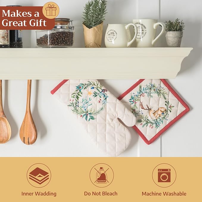 Maison d' Hermine 100% Cotton Oven Mitt & Pot Holder Set (7.5"x13" & 8"x8") | Heat Resistant BBQ Cooking Gloves with Loop Baking Grilling Kitchen Hotel Home Farmhouse Thanksgiving Christmas - Holly Time