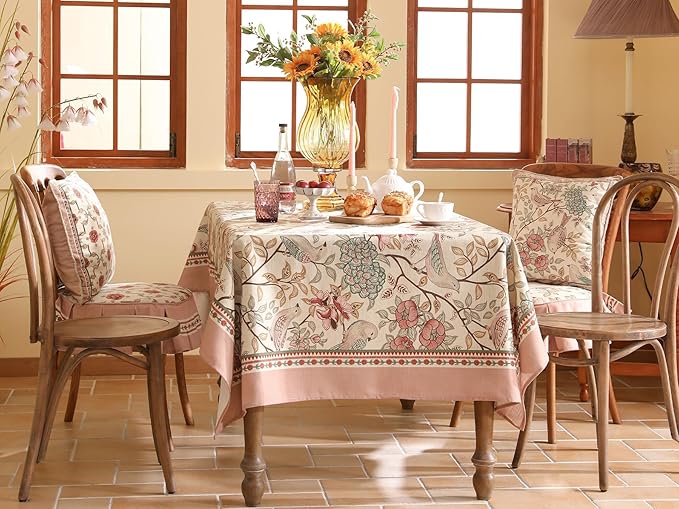 patdrea Designer Pink Linen Table Cloth for Rectangle Table,Vintage Floral with Birds Pattern Decorative Tablcloth,French Table Cover for Kitchen Dining,Thanksgiving,Christmas,63"x102"-Kulom a