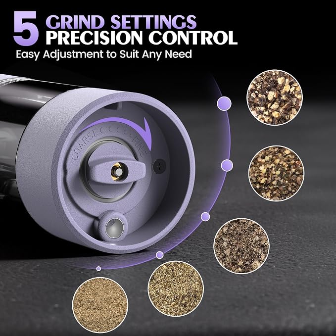 1 Pack Salt and Pepper Grinder- Gifts for Women Automatic Battery Purple Pepper Mill Shakers Kitchen Accessories Cooking for Mom, Adjustable Coarseness Salt Pepper Shakers