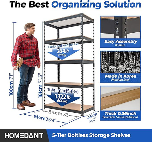 HOMEDANT 5 Tier Laminated Boltless Metal Shelving Unit Adjustable Garage Storage Utility Rack Heavy Duty Shelves Organization Multipurpose Shelf Warehouse Pantry Shed 35.9" W x 18.2" D x 71.3" H 4Pack