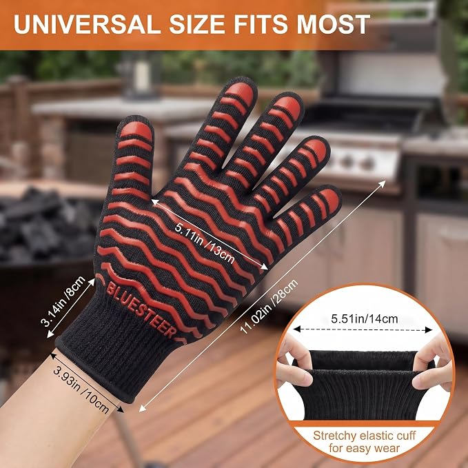 BBQ Gloves 1472°F Heat Resistant Oven Gloves with Fingers Heat Proof Grill Gloves Non-Slip Silicone Oven Mitts for Kitchen Cooking Grilling Baking Smoking