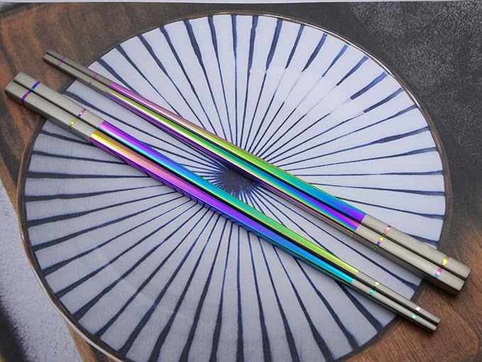 Albino Monkey Metal Chopsticks Reusable, 5 Pairs - Rainbow Iridescent Holographic Stainless Steel Chopsticks - Dishwasher Safe, Non-Slip, Extra Long 9" - Multicolor Japanese Sushi Gift Set