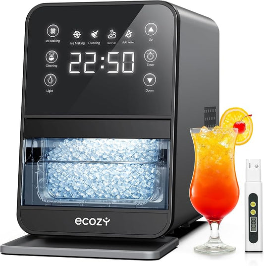 ecozy Nugget Ice Maker Countertop, 40Lbs/Day Chewable Pebble Ice, TDS Meter | Soft Sonic Ice Machine, Self-Cleaning, One-touch Timer, Pull-out Ice Basket, Compact for Home Kitchen Office