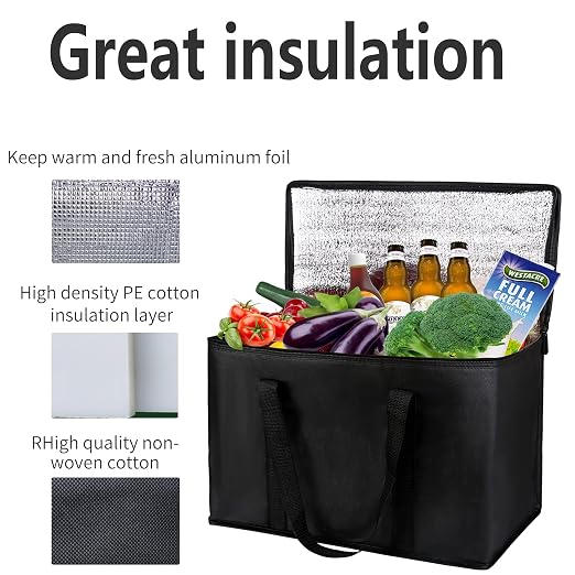 2 pack Additional Bottom Plate Black Insulated Grocery shopping bag , Delivery,pizza,reusable bags, Sturdy zipper,Collapsible,tote,cooler,thermal,Beach,waterproof heavy duty