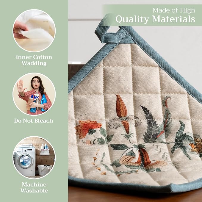 Maison d' Hermine Pot Holders 100% Cotton Potholders (8" x 8", Pack of 2) | Heat Resistant Hot Pads with Loop BBQ Cooking Baking Hotel Kitchen Handling Hot Pans Thanksgiving Christmas - Dalida