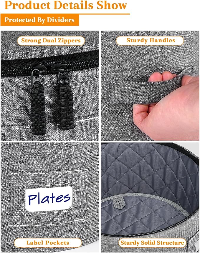 punemi China Storage Containers, 4-Set Hard Shell Dish Storage for Moving | Hard shell support with felt dividers for charger plates, dinnerware and china; stackable design holds set of 12