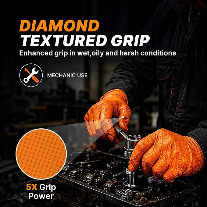 TitanFlex Heavy Duty Industrial Orange Nitrile Gloves, 8-mil, Gloves Disposable Latex Free with Raised Diamond Texture Grip, Powder Free, Rubber Glove, Mechanic Gloves,100-ct Box (Small)