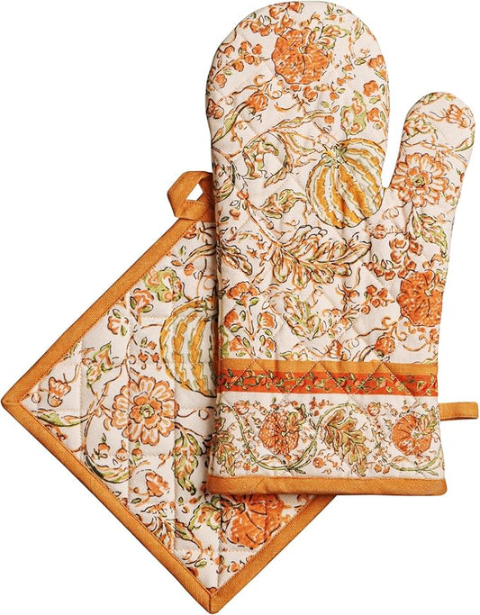 Maison d' Hermine 100% Cotton Oven Mitt & Pot Holder Set (7.5"x13" & 8"x8") | Heat Resistant BBQ Cooking Gloves with Loop Baking Grilling Kitchen Home Farmhouse Thanksgiving Christmas - Pumpkin Spice